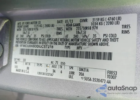 2013 Ford Escape Sel z USA, uszkodzony, nr VIN 1FMCU0H93DUC57278